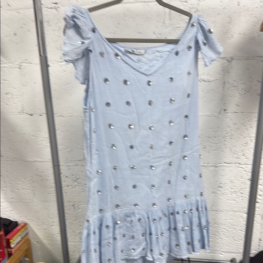 Light Blue Dress Silver Sequin Polka Dots Ruffled Short Sleeve Dress Size Medium